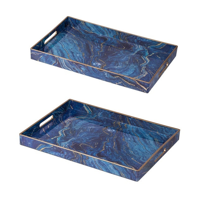 Marble Patterned Blue Rectangular Trays (Set of 2)