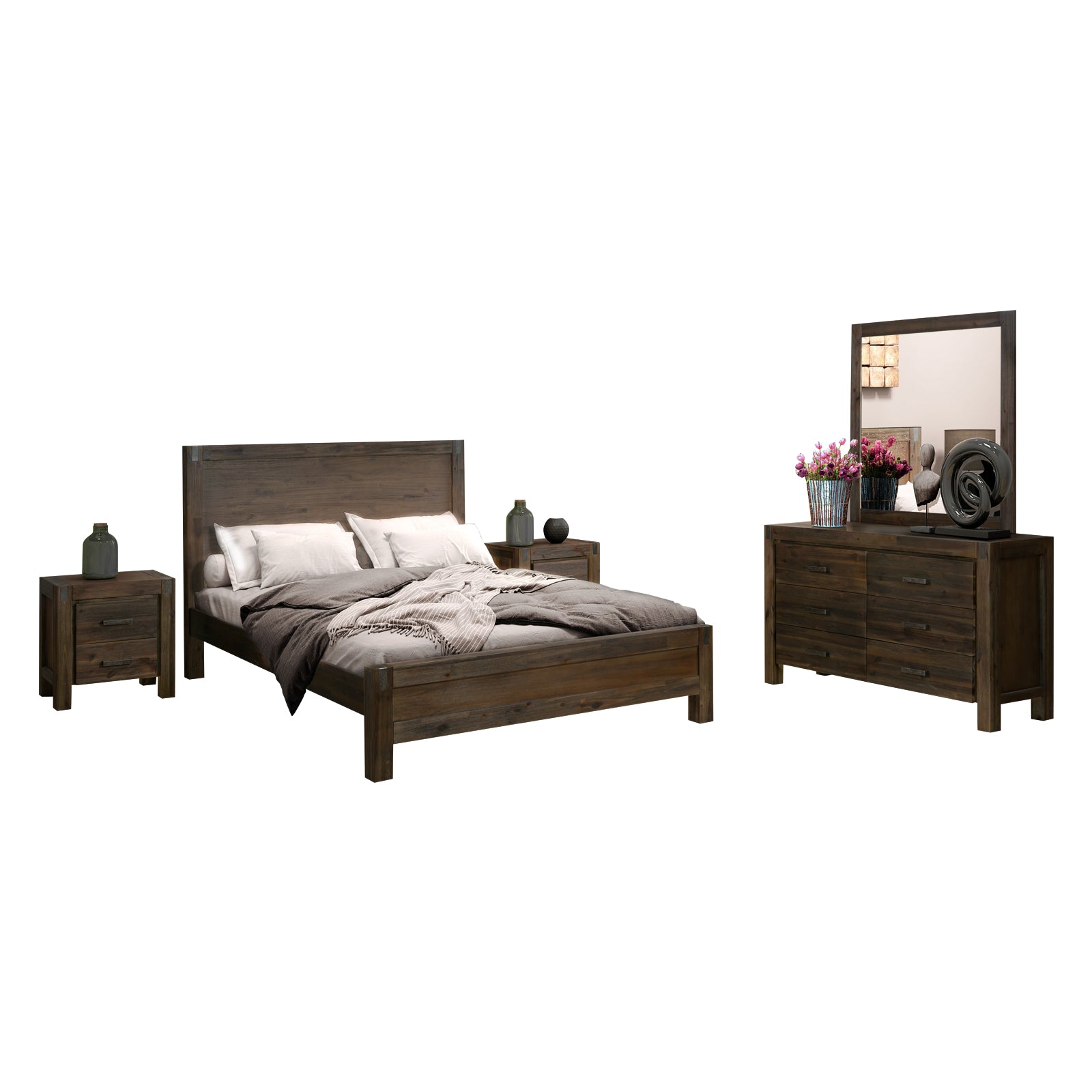 Noor 4pcs Bedroom Suite with Dresser - Double - Chocolate