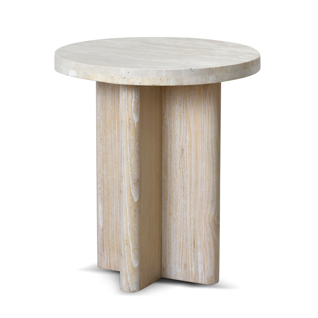 Agosti Travertine Marble Round Side Table - White Wash