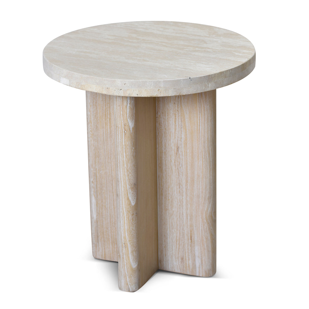 Agosti Travertine Marble Round Side Table - White Wash